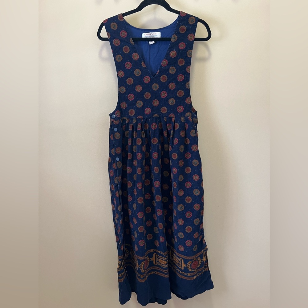 VTG Karen Scott Low V-Neck Corduroy Overall Jumper Midi Dress Size 8 pinafore